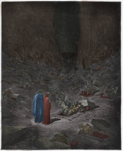 Inferno, Canto 9: The burning sepulchres of the heresiarchs (illustration from The Divine Comedy) by Gustave after Dore